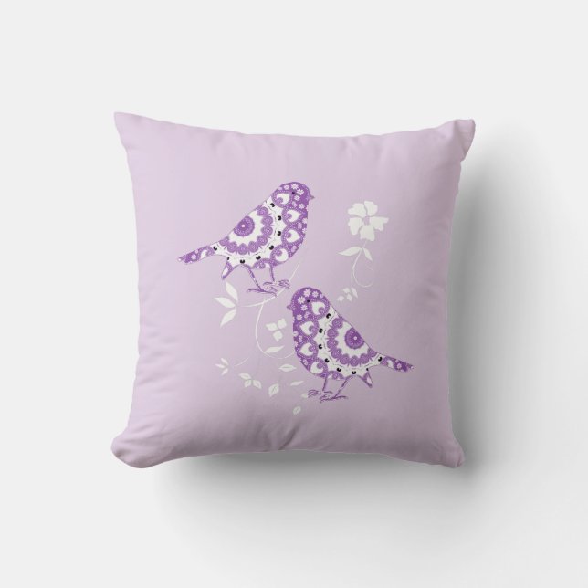 Pretty Vintage Inspired Purple Patterned Birds Throw Pillow (Front)