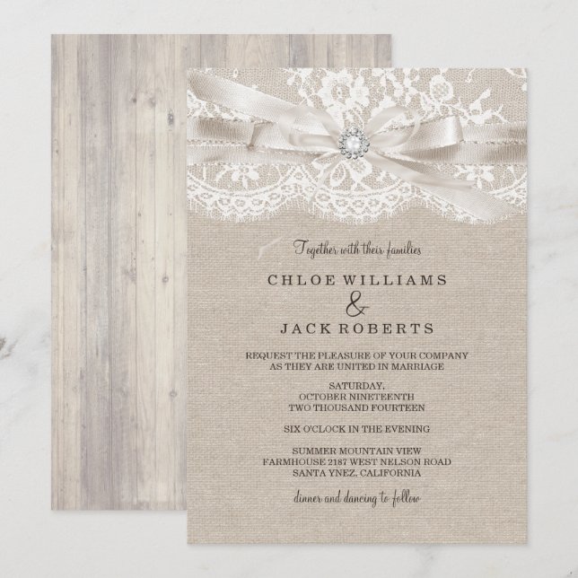 Pretty Vintage Lace & Burlap Wedding Invitation (Front/Back)