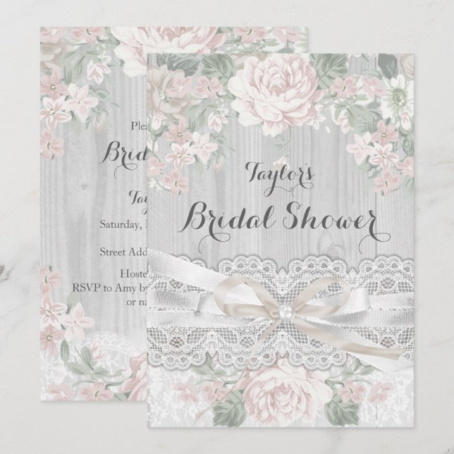 Pretty Vintage Lace & Floral Bridal Shower Invite (Front/Back)