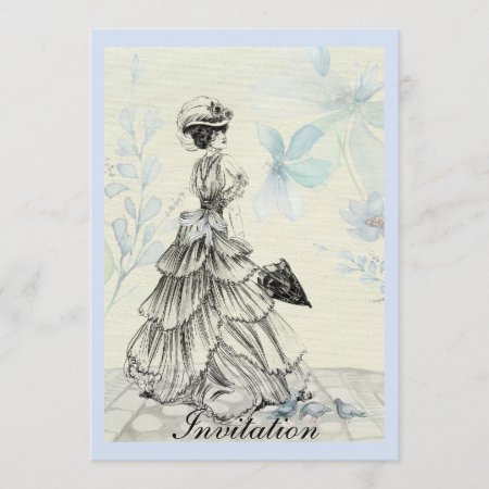 Pretty Vintage Lady And Blue Flowers Invitation