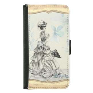 Pretty Vintage Lady And Blue Flowers Samsung Galaxy S5 Wallet Case