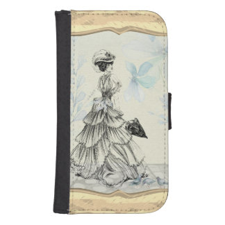 Pretty Vintage Lady And Blue Flowers Galaxy S4 Wallet Case