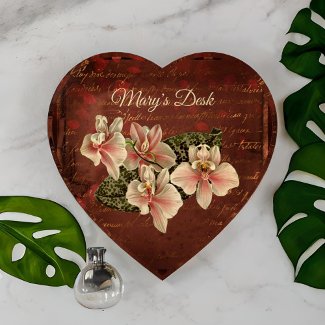 Pretty Vintage Orchids on Dark Red Ephemera Heart