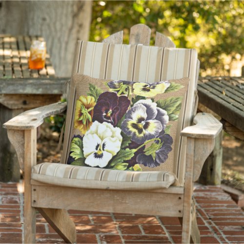 Pretty Vintage Pansy Flowers On Faux Jute Burlap O Outdoor Pillow