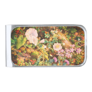 Pretty Vintage petunias flowers floral painting Silver Finish Money Clip