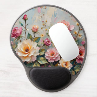 Pretty Vintage Pink and Cream Garden Roses Floral Gel Mouse Pad