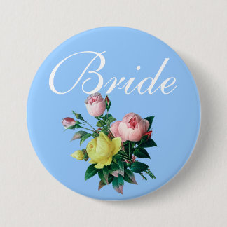 pretty vintage pink and yellow rose flowers bride pinback button