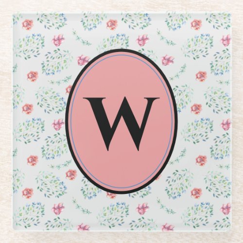 Pretty Vintage Pink Blue Floral Pattern Monogram Glass Coaster