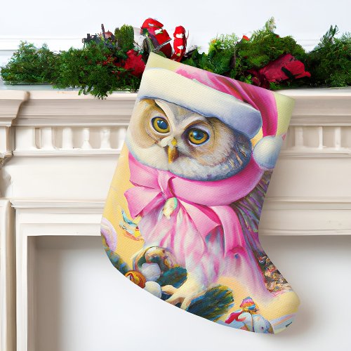 Pretty Vintage Pink Christmas Owl Victorian Santa Large Christmas Stocking