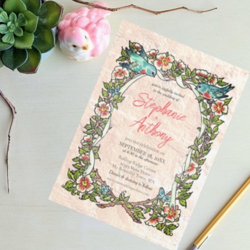 Pretty Vintage Pink Floral Bluebird Border Wedding Invitation