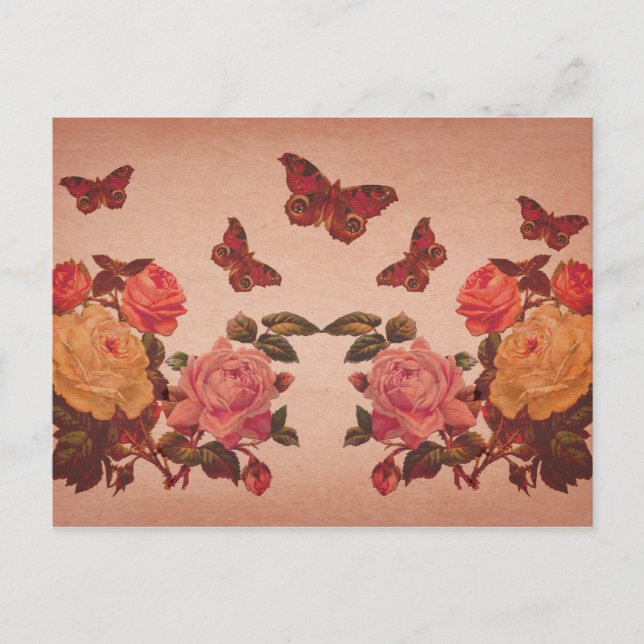 Pretty Vintage Pink Roses and Butterflies Collage Postcard (Front)