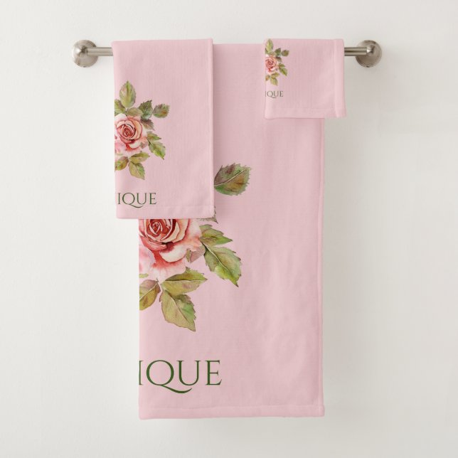 Pretty Vintage Pink Roses Personalized  Bath Towel Set (Insitu)