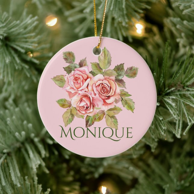 Pretty Vintage Pink Roses Personalized   Ceramic Ornament (Tree)