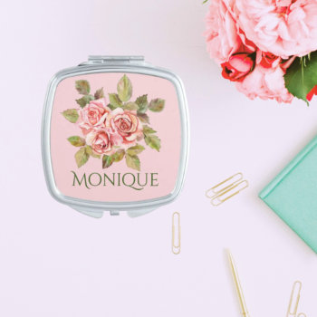 Pretty Vintage Pink Roses Personalized Compact Mirror by HausVintage at Zazzle