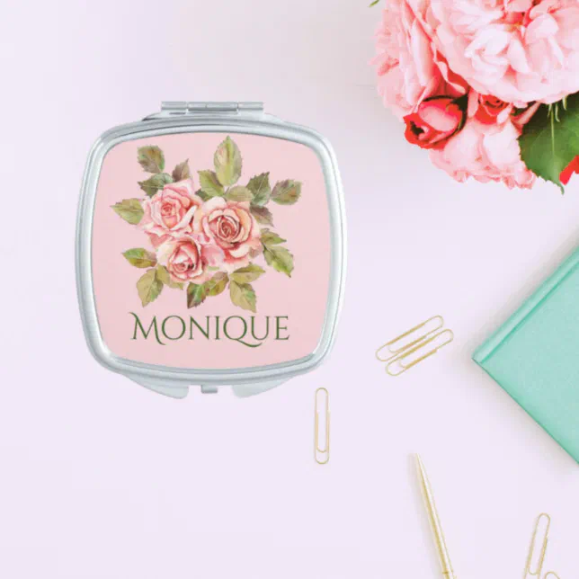 Pretty Vintage Pink Roses Personalized Compact Mirror






