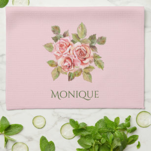 Pretty Vintage Pink Roses Personalized Kitchen Towel