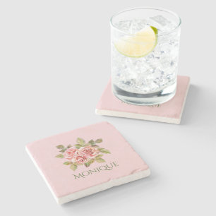 Pretty Vintage Pink Roses Personalized Stone Coaster