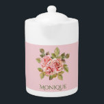 Pretty Vintage Pink Roses Personalized  Teapot<br><div class="desc">Personalized teapot features vintage illustration of  pretty pink roses,   with elegant customizable text on pastel pink background.</div>