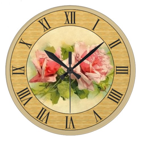 Pretty Vintage Pink Roses Wood Look Border Large Clock