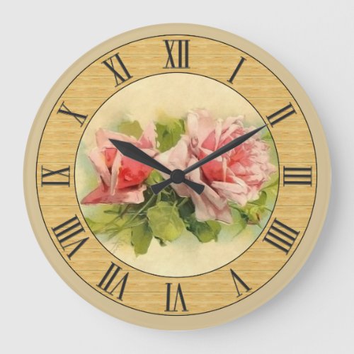 Pretty Vintage Pink Roses Wood Look Border Large Clock