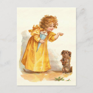 Pretty Vintage Postcard Little Girl and Pet Dog