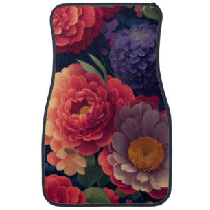 Pretty vintage red Orange purple mum peony floral Car Floor Mat