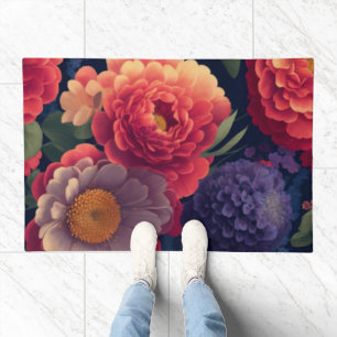 Pretty vintage red Orange purple mum peony floral Doormat