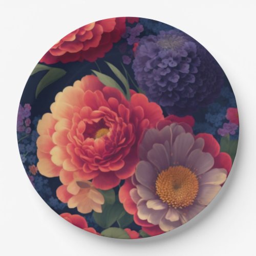 Pretty vintage red Orange purple mum peony floral  Paper Plates