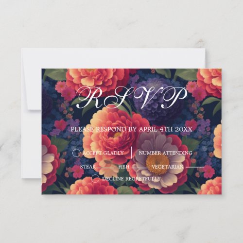 Pretty vintage red Orange purple mum peony floral  RSVP Card