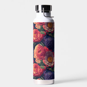 Pretty vintage red Orange purple mum peony floral Water Bottle