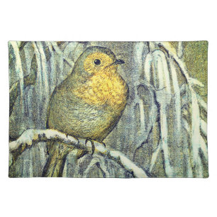 Pretty Vintage Robin bird on a snowy branch Cloth Placemat
