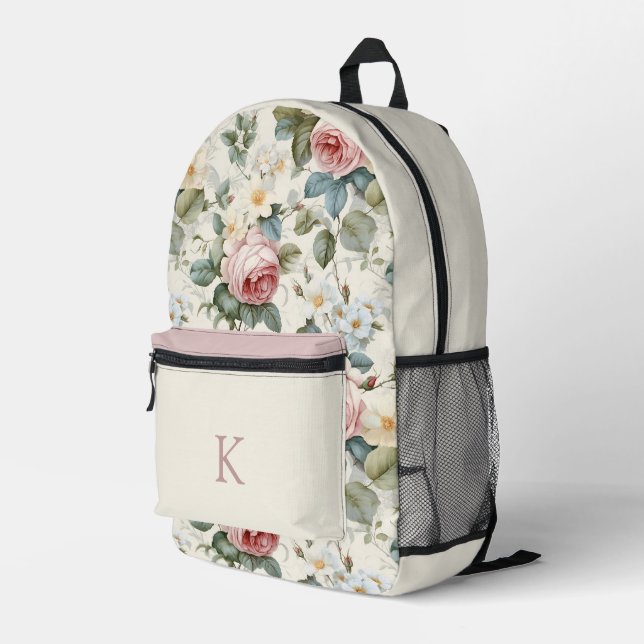 Pretty Vintage Rose Pattern Monogrammed Printed Backpack (Back Corner Right)