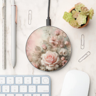 Pretty Vintage Shabby Chic Pastel Pink Rose Wireless Charger