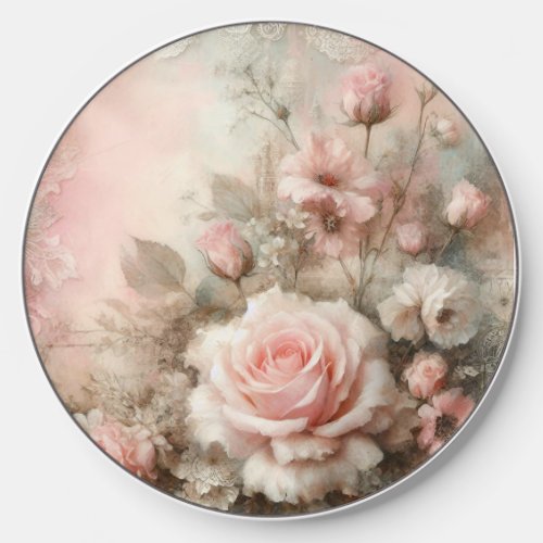 Pretty Vintage Shabby Chic Pastel Pink Rose Wireless Charger