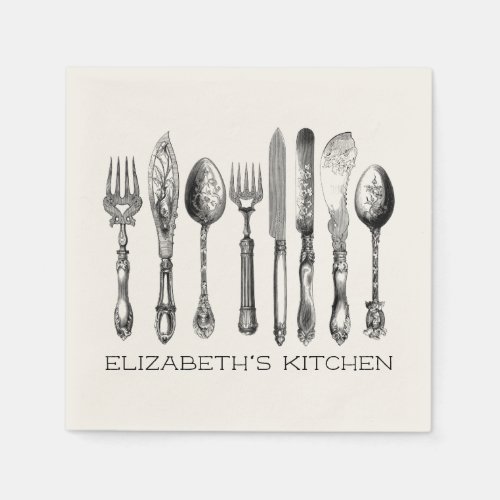 Pretty Vintage Silverware Name and Text Napkins