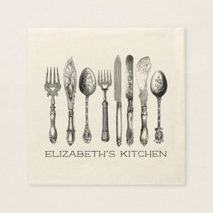 Pretty Vintage Silverware, Name and Text Napkins