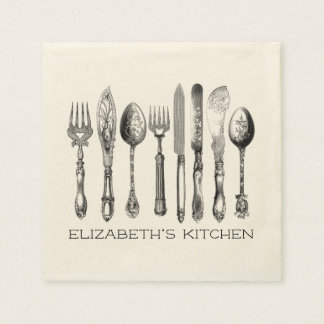 Pretty Vintage Silverware, Name and Text Napkins