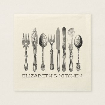 Pretty Vintage Silverware  Name And Text Napkins by elizme1 at Zazzle