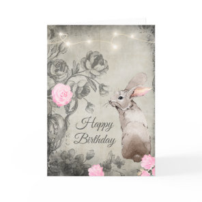 Pretty Vintage Style Roses and Rabbit Birthday Card