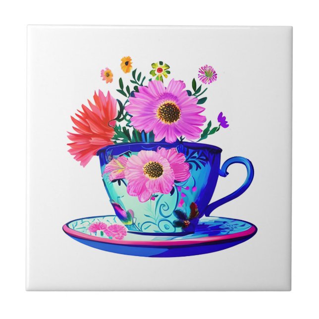 Pretty Vintage Teacup with Pink Flowers Ceramic Tile (Front)