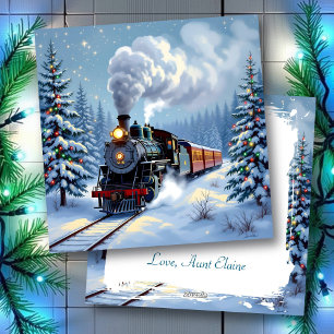 Pretty Vintage Train Christmas Scene Personalized Holiday Card