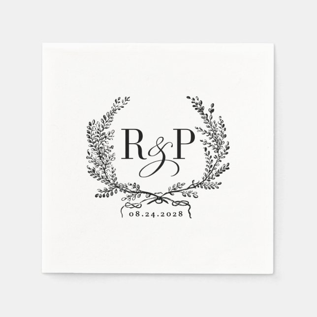 Pretty Vintage Wreath Napkins with Monogram & Date (Front)