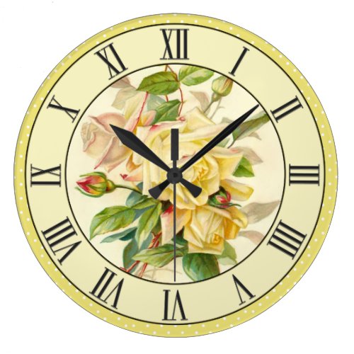 Pretty Vintage Yellow Roses Polka Dot Border Large Clock