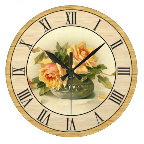 Pretty Vintage Yellow Roses Wood Look Border Large Clock
