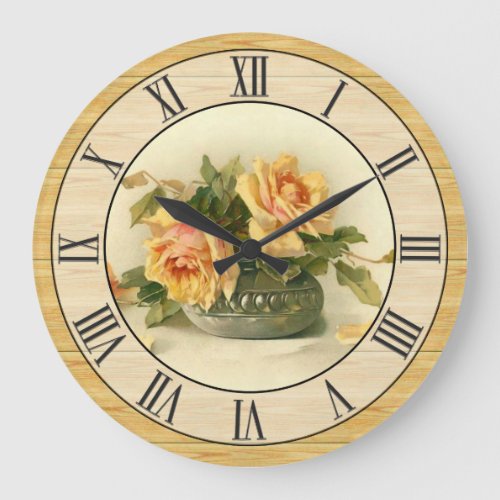 Pretty Vintage Yellow Roses Wood Look Border Large Clock