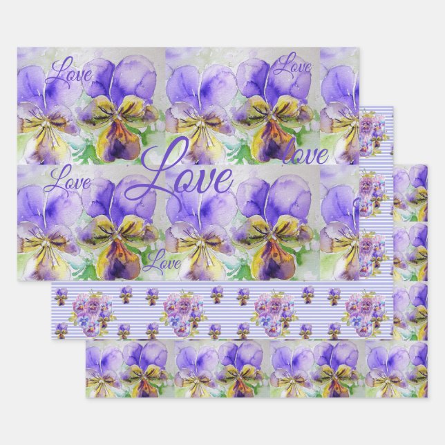 Pretty Viola Flower Floral Purple Pattern Love Wrapping Paper Sheets (Set)