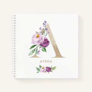 Pretty Violet Floral Gold Foil Letter A Monogram Notebook