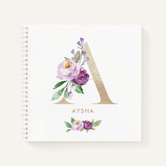 Pretty Violet Floral Gold Foil Letter A Monogram Notebook (Front)