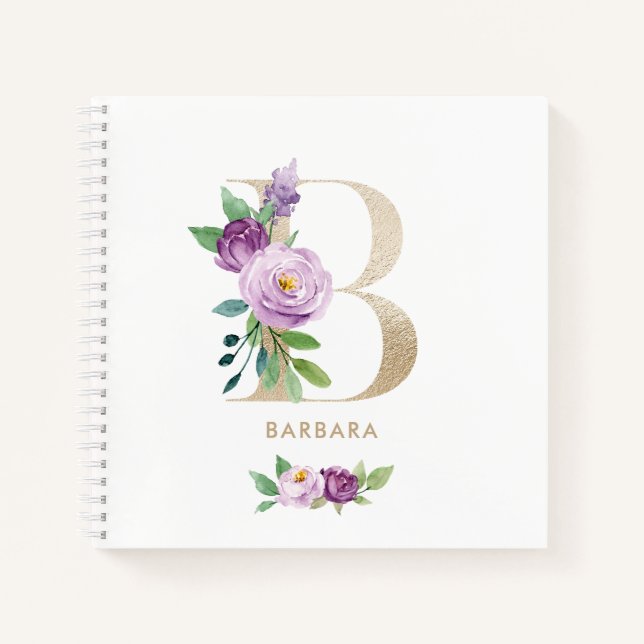 Pretty Violet Floral Gold Foil Letter B Monogram Notebook (Front)
