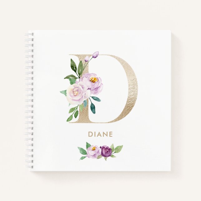 Pretty Violet Floral Gold Foil Letter D Monogram Notebook (Front)